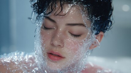 Young Woman Relaxing in a Bathtub Surrounded by Glimmering Water Bubbles and Soft Lighting