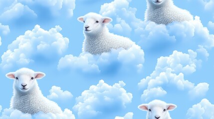 Obraz premium A whimsical journey, fluffy sheep floats among the clouds in vibrant blue sky fluffy