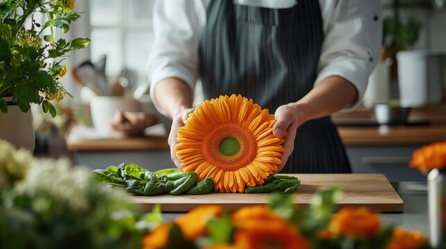 A professional chef preparing a heart-healthy dish in a sleek kitchen. Featuring culinary expertise and health