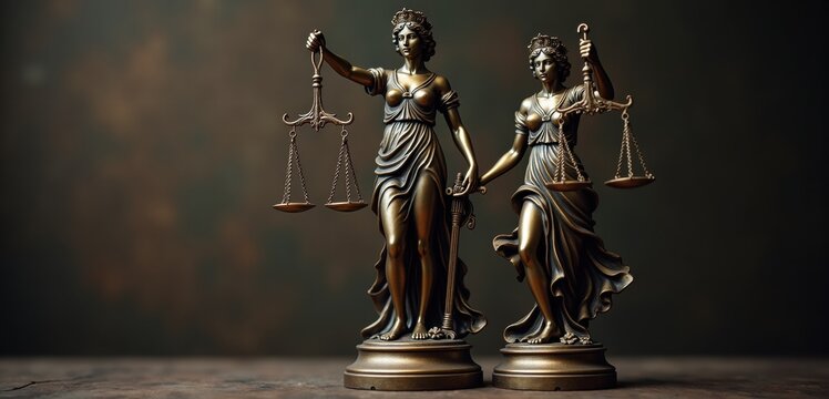 Two bronze Lady Justice statues symbolizing law, fairness, and order, ideal for legal and judicial contexts.