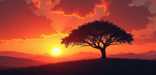 A serene landscape featuring a solitary tree against a vibrant sunset, ideal for nature, relaxation, and outdoor-themed projects.