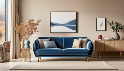Canvas in beige living room with sideboard and accent blue sofa