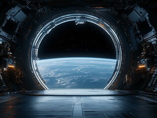 Fototapeta premium An ultra-modern space station orbiting Earth, massive circular structure with docking ships, breathtaking view of the planet below, intricate mechanical details, sci-fi realism, deep space