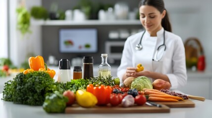 A professional nutritionist hosting a webinar on cholesterol management in a modern studio. Featuring innovation and expertise