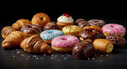 Assorted donuts and pastries on black background: a tempting array of sweet treats
