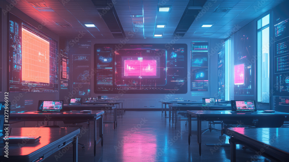 Poster a futuristic classroom featuring ai-driven interactive whiteboards and virtual learning environments