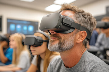 A teacher and students use a virtual reality headset to explore AI-driven learning environments in a modern classroom.