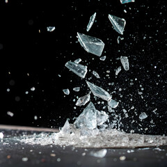 High-speed capture of glass fragments shattering midair, showcasing intricate details and dynamic motion.