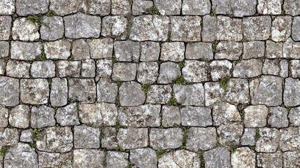 Obraz premium Weathered Gray Cobblestone Wall Textured Surface with Small Grass Growth in Natural Setting