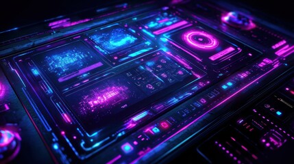 Obraz premium Futuristic control panel with glowing neon displays and intricate digital patterns in a dark setting