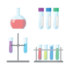 Set of icons of laboratory test tubes with flask. Chemical experiment. Laboratory diagnostics.