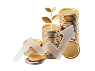 Transparent PNG 3D Financial Growth Money Investment and Wealth Profit Concept with Gold Coins Isolated on White Background.