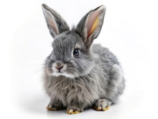 Obraz premium A cute, fluffy gray rabbit, captured in a high-resolution studio aerial shot on a white backdrop.