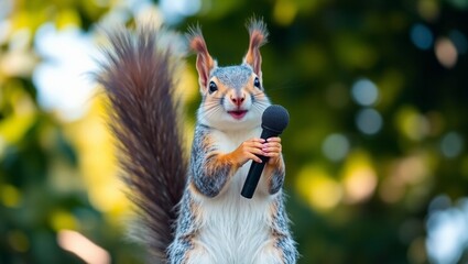 A young squirrel holding a mic in a forest, ai generated, funny squirrel