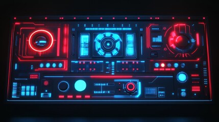 Obraz premium Futuristic control panel with glowing blue and red lights, showcasing intricate technology design