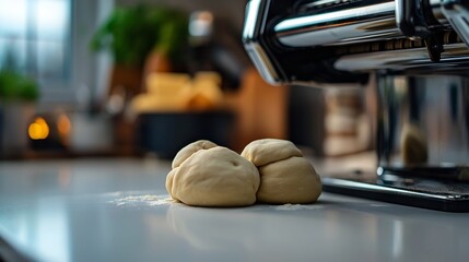 Stainless Steel Pasta Machine with Fresh Dough on Kitchen Counter