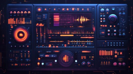 Obraz premium Futuristic audio mixing console with vibrant controls and sound wave displays in a digital environment