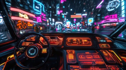 Obraz premium Futuristic cityscape viewed from a neon-lit car dashboard, bustling nightlife and vibrant lights