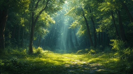 Naklejka premium Dense forest with sunlight filtering through tall trees, creating a peaceful and serene atmosphere.