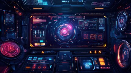 Fototapeta premium Futuristic control panel interface with vibrant neon lights and intricate data displays