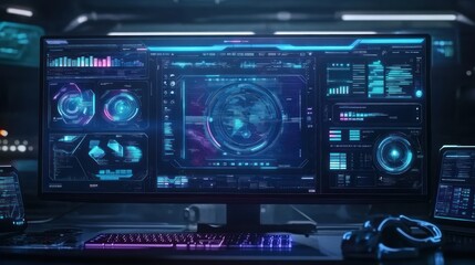 Obraz premium Futuristic control room with high-tech monitors displaying data and analytics in a dark environment