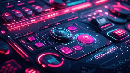 Futuristic control panel with vibrant neon lights and intricate design elements, showcasing technology