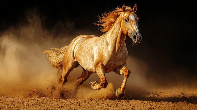 Powerful horse galloping vigorously on a warm sandy beach by the ocean