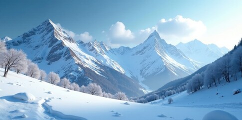 Fototapeta premium Snowflakes gently falling on mountainside peaks, frozen world, winter landscape