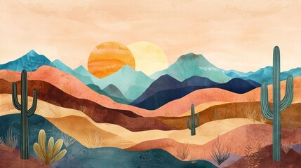 Desert Sunset Landscape:  A Serene Watercolor Painting of Arizona's Majestic Mountains and Cacti