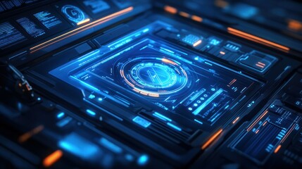 Obraz premium Futuristic digital interface with glowing blue and orange elements, showcasing data visualization in a tech environment
