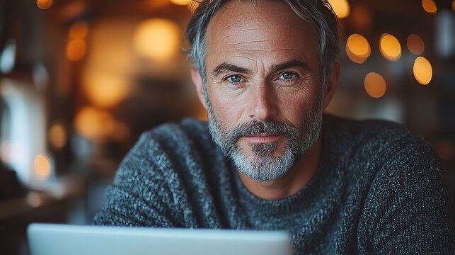 middle aged man working on laptop at kitchen table in modern home setting casual workspace with natural light and comfortable environment for remote work or online activities