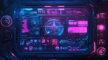 Obraz premium Futuristic control panel with vibrant neon colors displaying data and graphs in a sci-fi setting