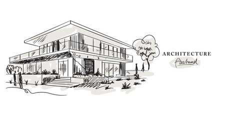 Architecture freehand drawing, Sketch Hand drawn Drawing design.