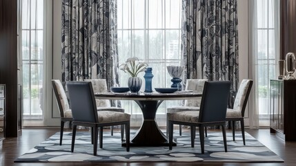 Elegant Dining Room Interior Design with Modern Furniture and Window Curtains