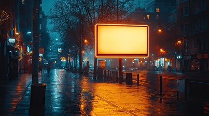 mockup of a blank white vertical billboard on a sidewalk at night with street lights and buildings in the background