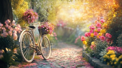 Fototapeta premium A picturesque springtime setting with a bicycle adorned with vibrant flowers, parked along a charming pathway
