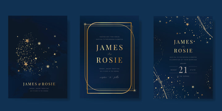 Luxury invitation card design vector set. Elegant wedding card with little star moon sun and space decorative on watercolor navy blue background. Design illustration for cover, poster, gala.