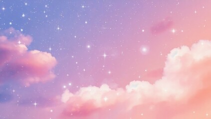 Celestial Dreams: An ethereal canvas of a dreamy sky adorned with fluffy clouds, and sparkling stars, where soft hues of pink, purple, and orange blend seamlessly.