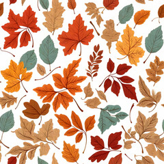 A seamless repeat pattern featuring illustrated autumn leaves and twigs in warm fall hues. Perfect for wallpaper,