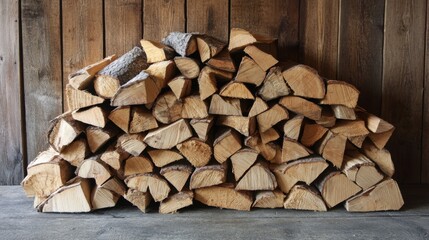 Fototapeta premium A pile of firewood stacked with care against a rustic wooden wall, radiating natural simplicity and a warm, cozy atmosphere.