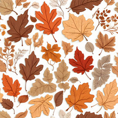 A seamless repeat pattern featuring illustrated autumn leaves and twigs in warm fall hues. Perfect for wallpaper,