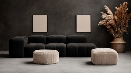 Modern Minimalist Living Room Design Featuring Textured Black Sofa and Decorative Plants