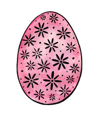 Easter egg. Ornament with black outline. Watercolor fill in pink color. The egg is decorated with white flowers and dots. Flowers of simple form, circle inside and petals around. White background.