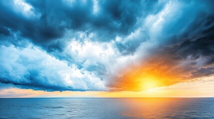 Obraz premium Dramatic Sunset Over the Ocean with Dark Clouds and Vibrant Orange Light on the Horizon