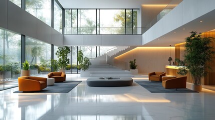 modern and spacious office lobby design with sleek furniture and clean white wall ideal for corporate and creative business settings