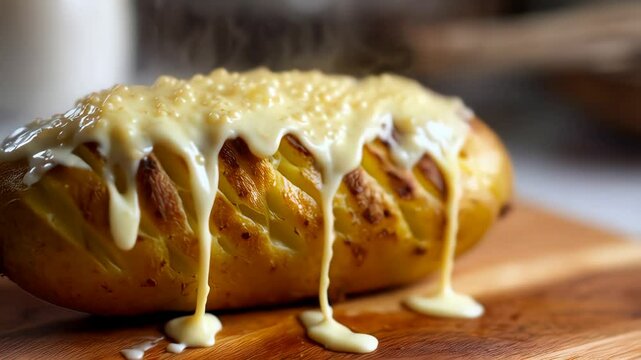 steaming baked jacket potato topped with melted cheese, on wooden board
