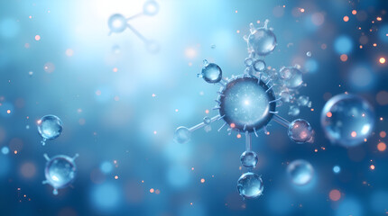 Abstract Molecular Structure with Floating Atoms and Blue Gradient Background