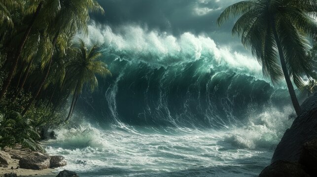 Majestic ocean wave crashing on a tropical shore surrounded by lush palm trees under a stormy sky