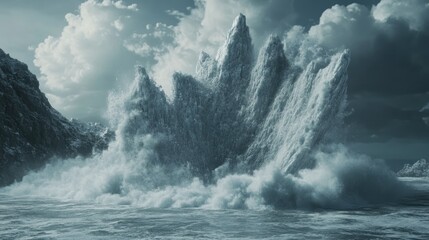 Naklejka premium Majestic waves crashing against rugged cliffs under a dramatic sky, showcasing nature's power
