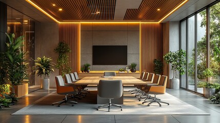 modern conference room interior featuring a large meeting table comfortable chairs gray slat accent wall and built in wooden storage cabinet 3d rendered visualization